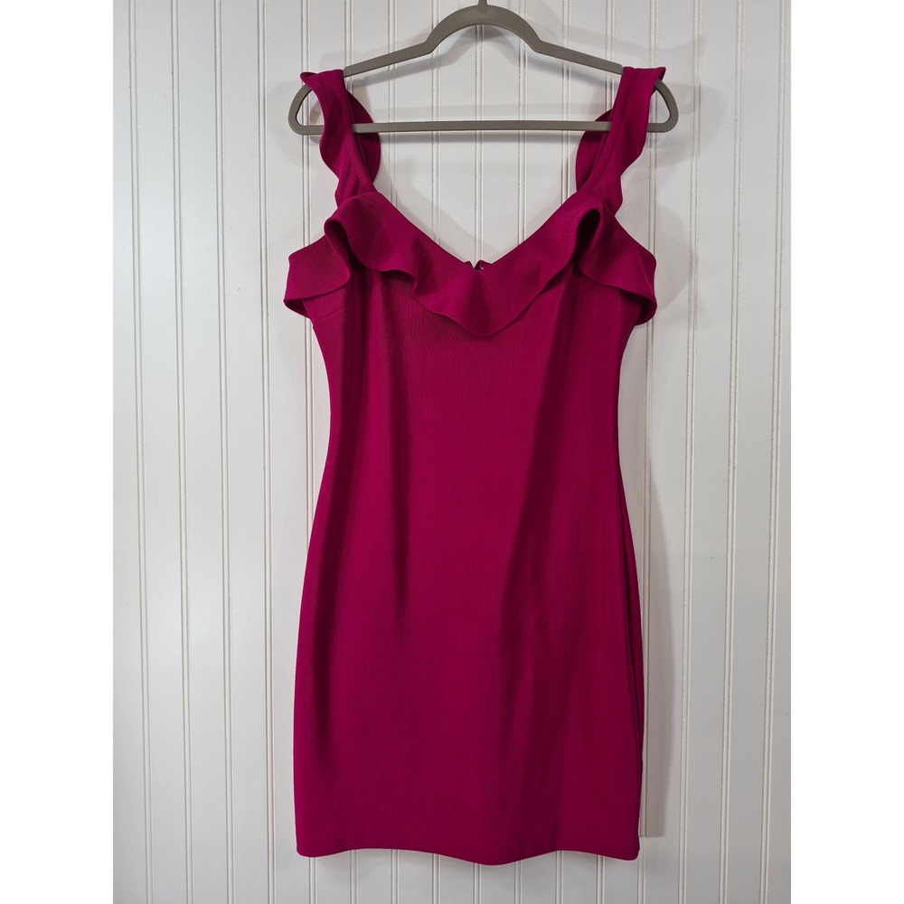 Guess LA Magenta‎ Pink Ruffle V-Neck Sheath Cocktail Bodycon Dress Size 10